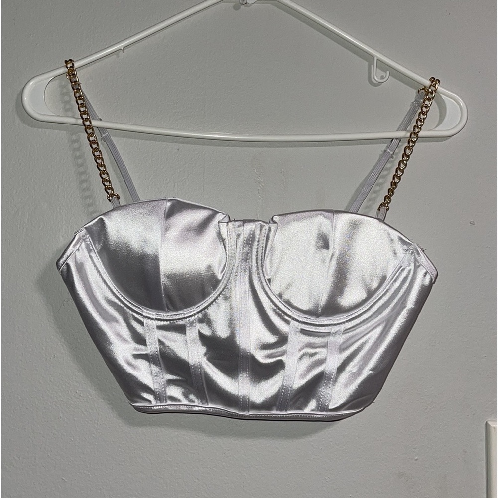 Cropped White Satin Cami Corset Top with Gold Chain Straps Womens Size M (NEW)